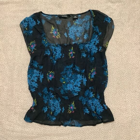 Express Vintage Silk Whimsigoth Black Floral Sheer Fairy Milkmaid Blouse 13/14 - Picture 2 of 13